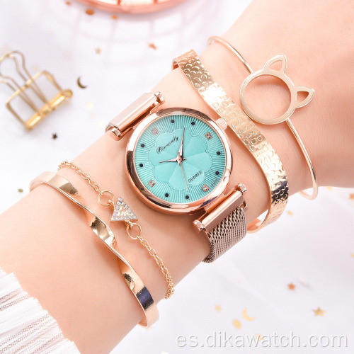 Conjunto de 5 uds de relojes de moda para Mujer, Reloj de pulsera de cuarzo con hebilla magnética de lujo con diamantes de imitación para Mujer, Reloj de pulsera de cuarzo para Mujer